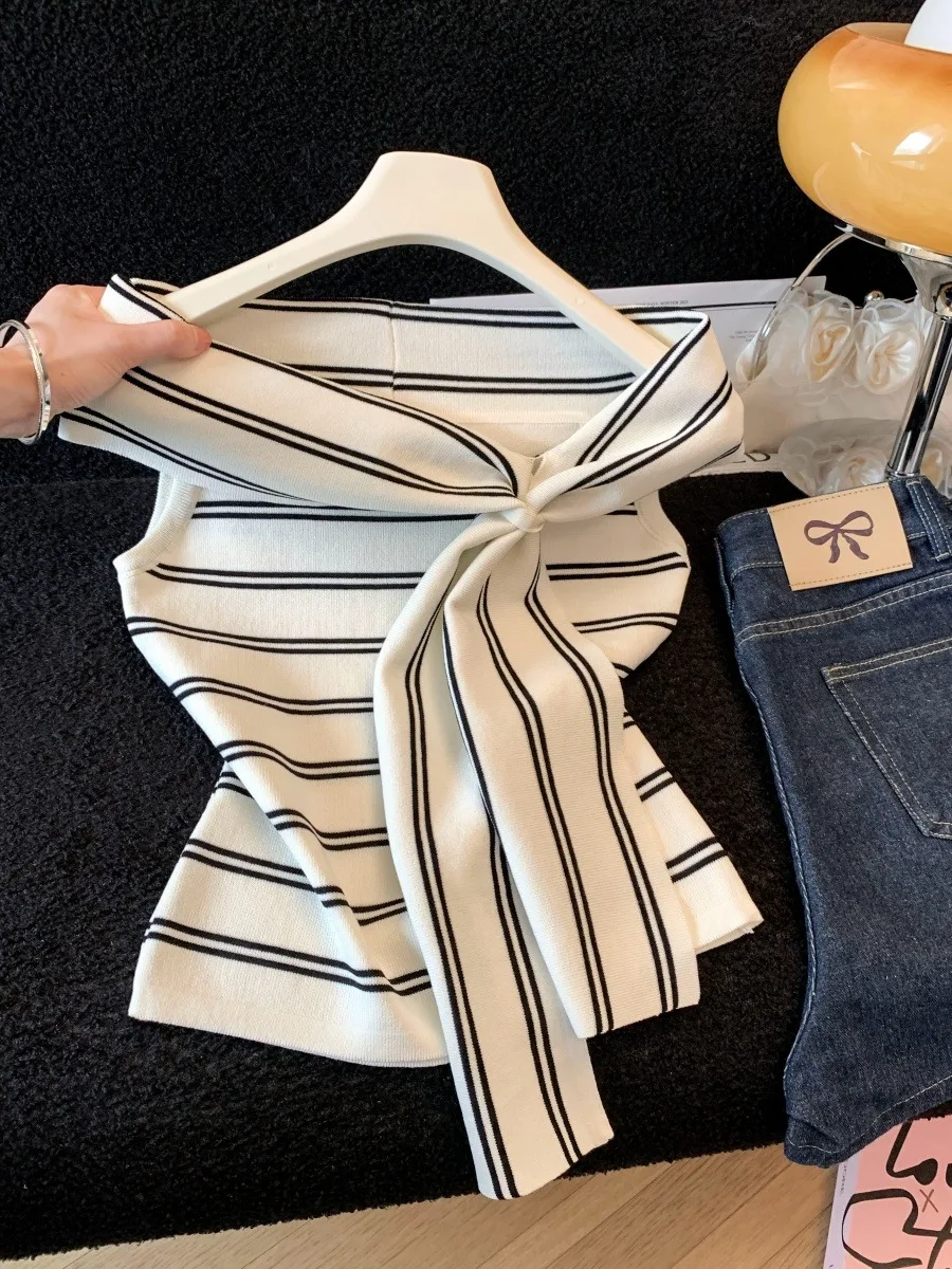 

Slim Fit Stripe Knitted Vest Women's Summer Sleeveless Design Shoulder Baring Top Commute Style Soft Nylon Polyester Fiber