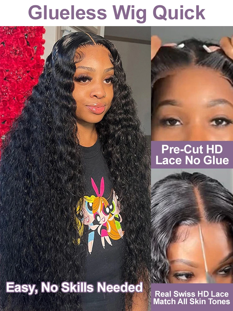 Deep Wave Glueless Wig Human Hair Ready To Wear Curly 13x4 Lace Frontal Wig Preplucked 7x5 Bleached Knots Pre Cut Lace No Glue