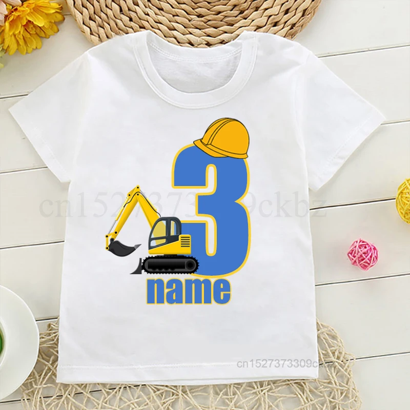 Kids Cartoon Excavator Birthday Number Name Print T Shirt Children Birthday Construction T-shirt Baby Boy&Girl Funny Gift Tshirt