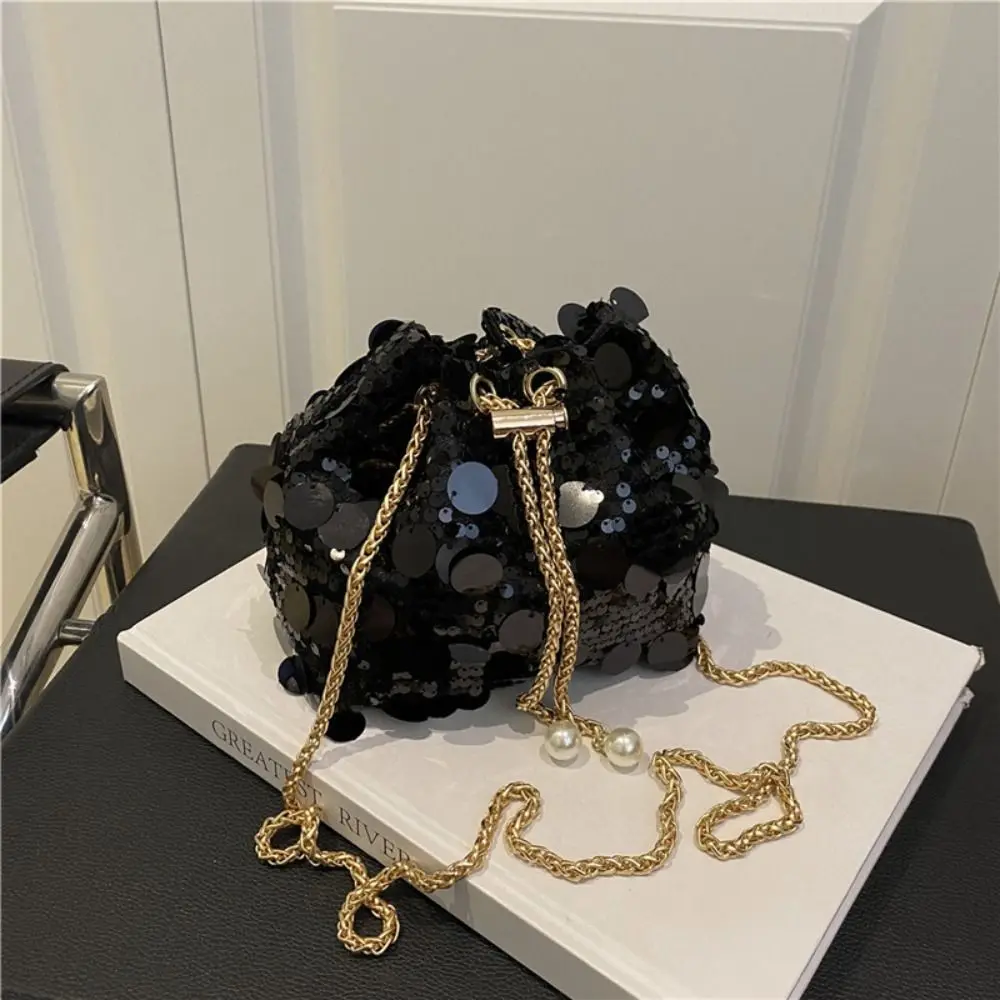 Casual Shiny Evening Banquet Bag Glitter Blingbling Tassel Crossbody Bag Metal Chain Small Purse Mini Bucket Bag Party