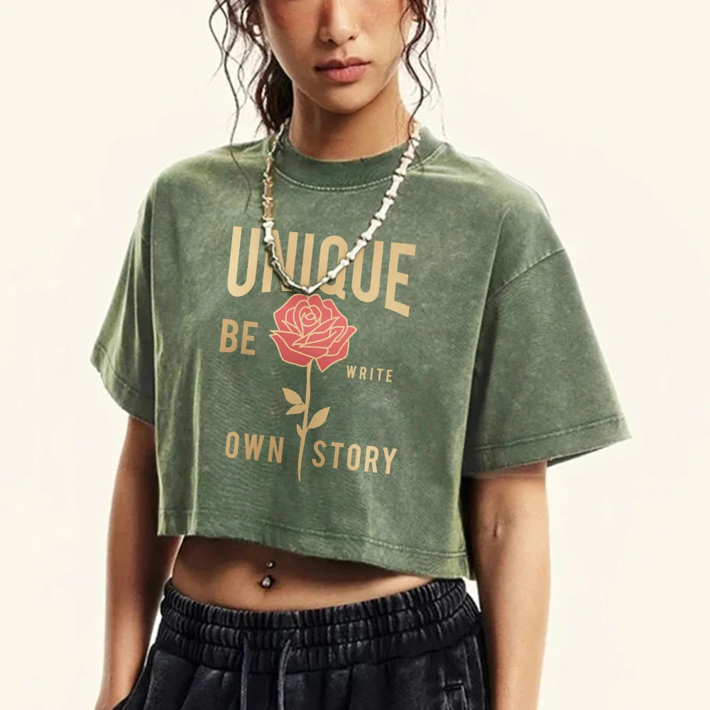 Unique Be Write Own Store Flower Printing Women Washed Crop T Shirt Retro Crewneck T-Shirt Summer Fashion Tee Shirts Cotton Tops