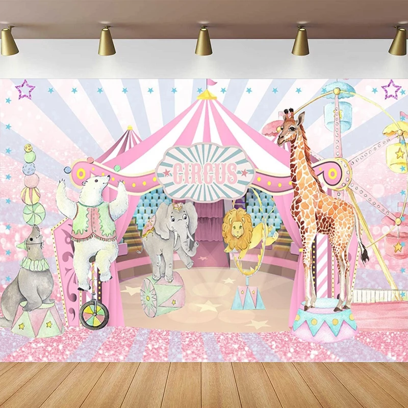 Pink Circus Photography Backdrop Big Top Tent Animals Carnival Kids Girl Birthday Party Dessert Cake Table Decor Background