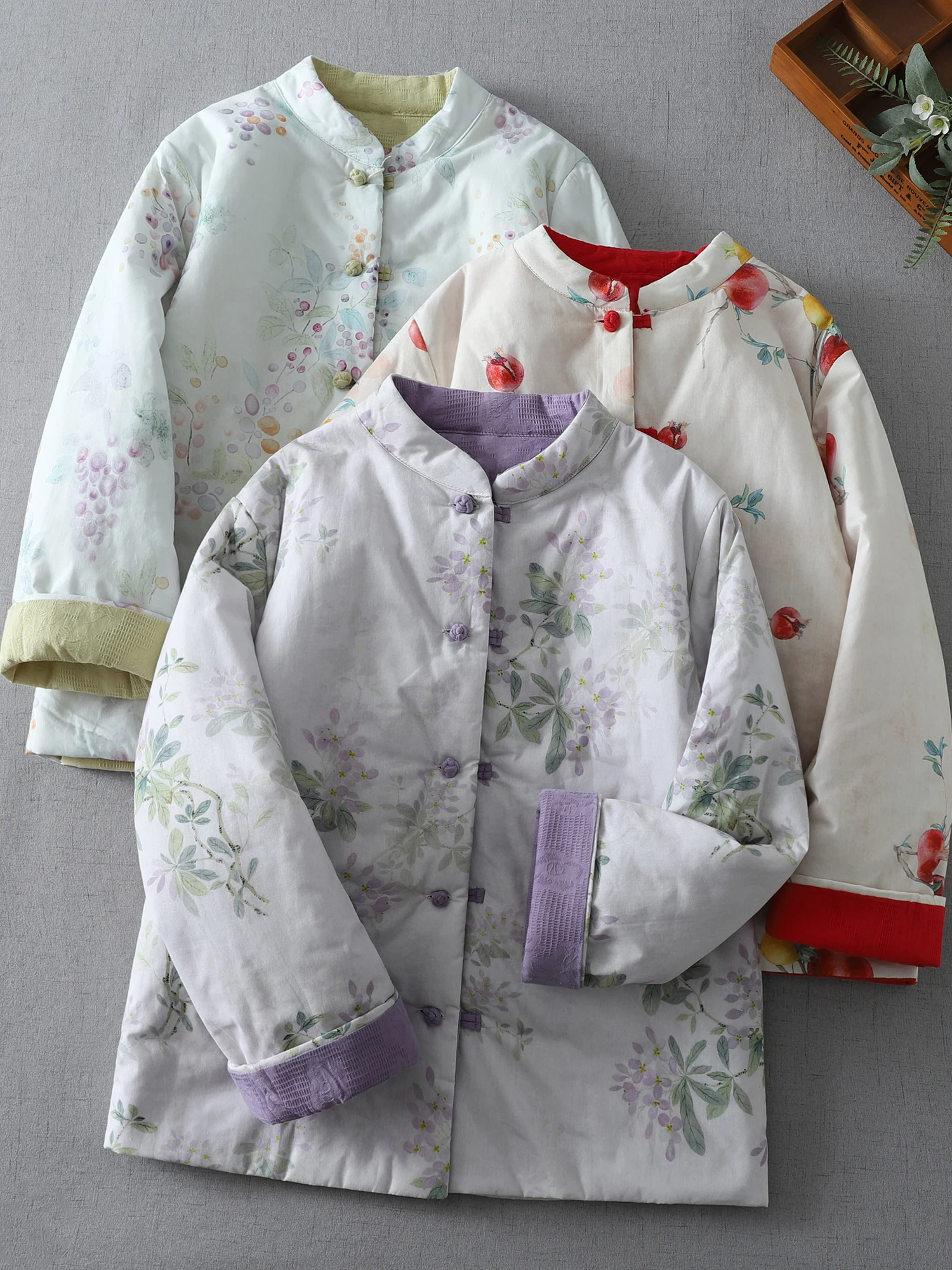 

New Chinese Sle Cotton Linen Printed Jaet Women's Thiened Small Stand Collar Winter Coat Color Blo Tang Costume