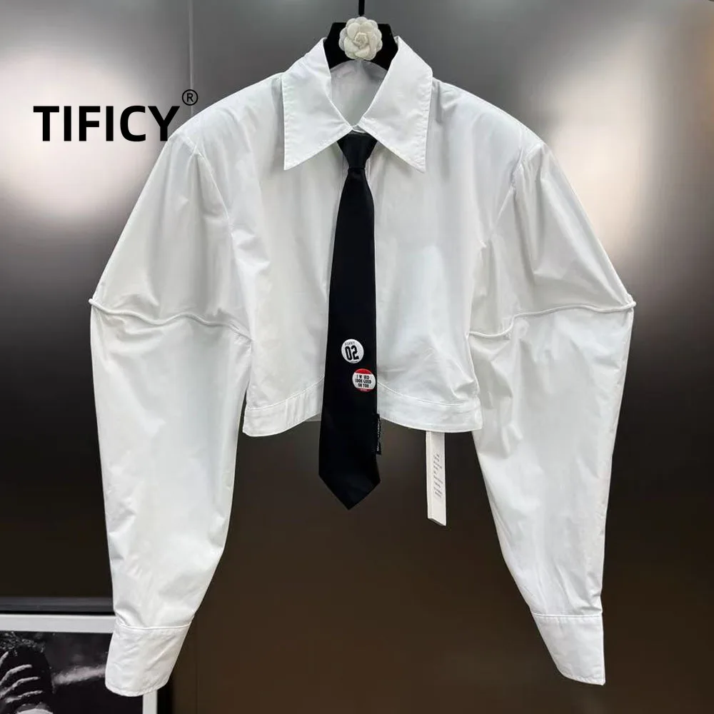 

High Street Shirts Tops Women's Autumn Collar Bubble Shaped Long Sleeved Shirt with Tie, Trendy Loose Fit Streetwear Shirt Top