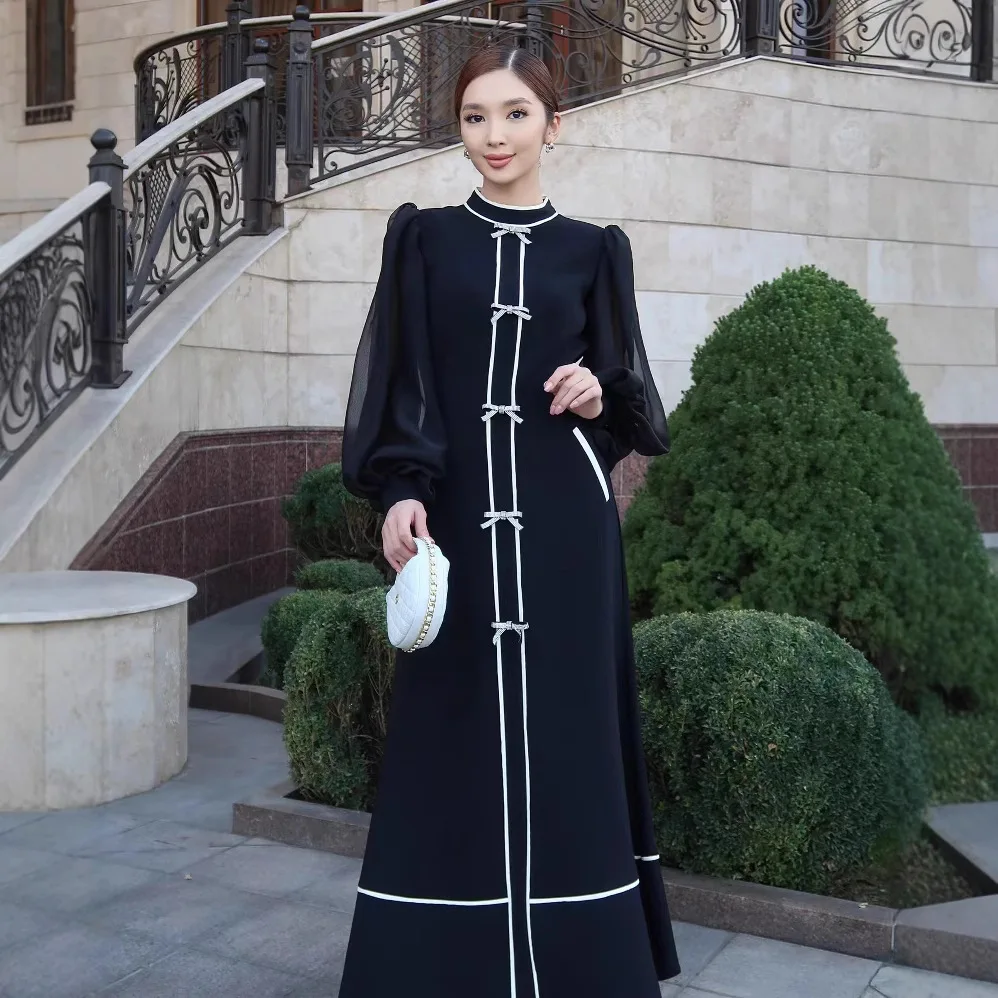 

2026 European and American Cross border Foreign Trade New Bow Decoration Color Contrast Design Temperament Long Dress