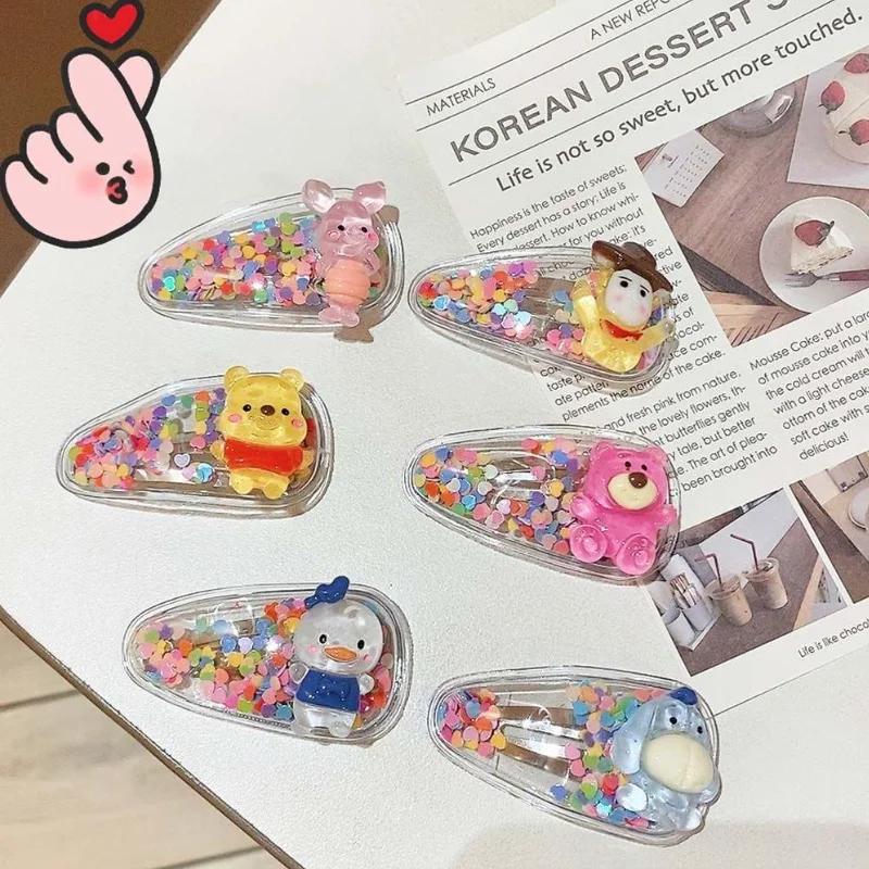 

Disney Lotso Winnie, заколка для волос с струящимся песком, мультяшная блестящая заколка Bb, милый головной убор для девочек, студенческий модный аксессуар для волос, подарок