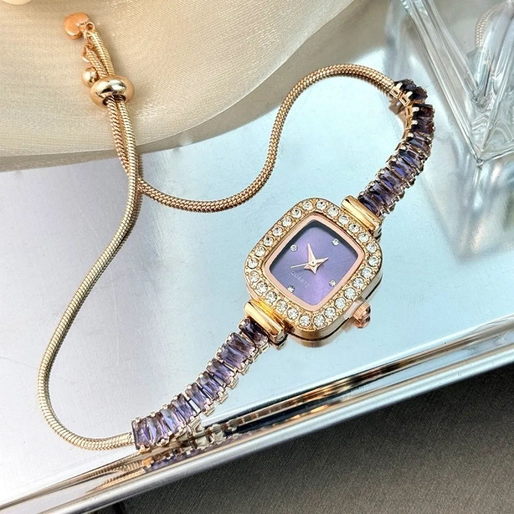 Inlaid Zircon Women's Bracelet Flexible Pull Out with Diamond Dial Quartz Watch Rhinestone Scale Square Alloy Case Strap Watch