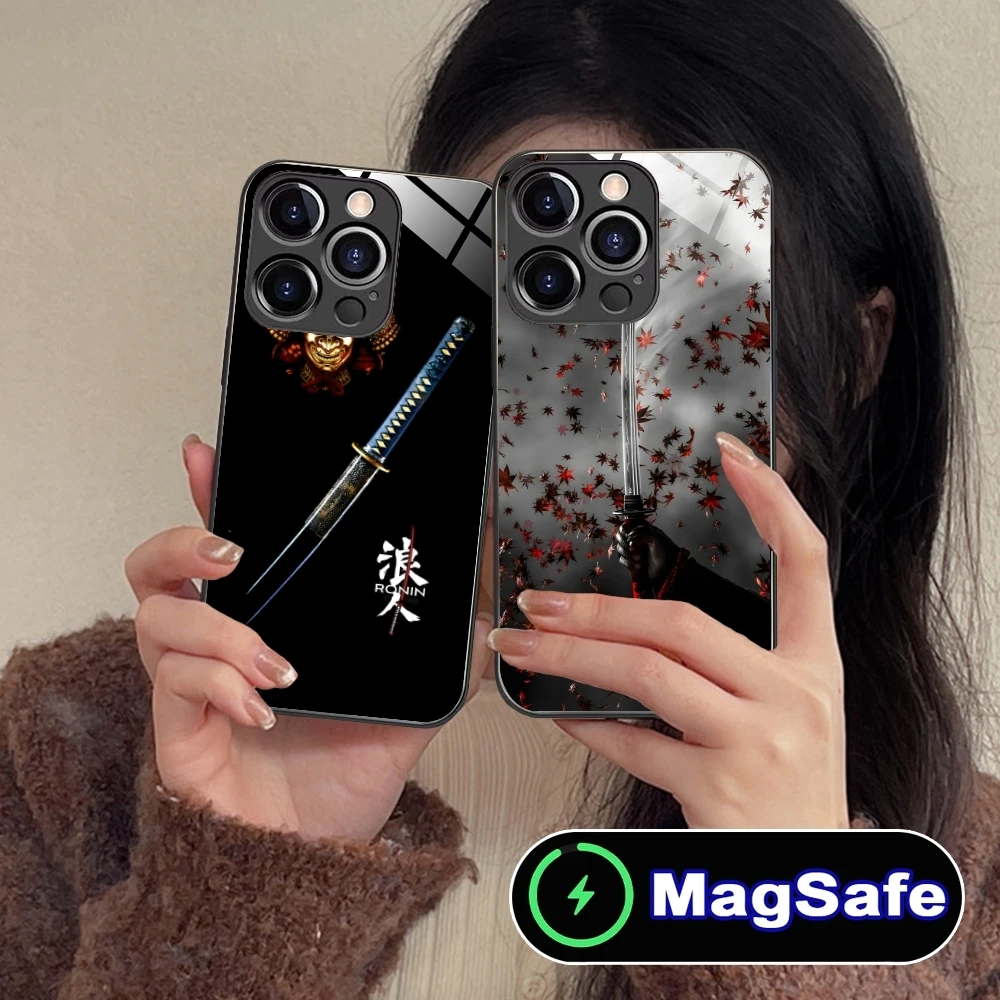 Katana Samurai Ronin Mobile Cell Phone Case for iPhone 16 15 14 13 12 11 Pro Max Plus Mini MagSafe Wireless Charging Glass Cover