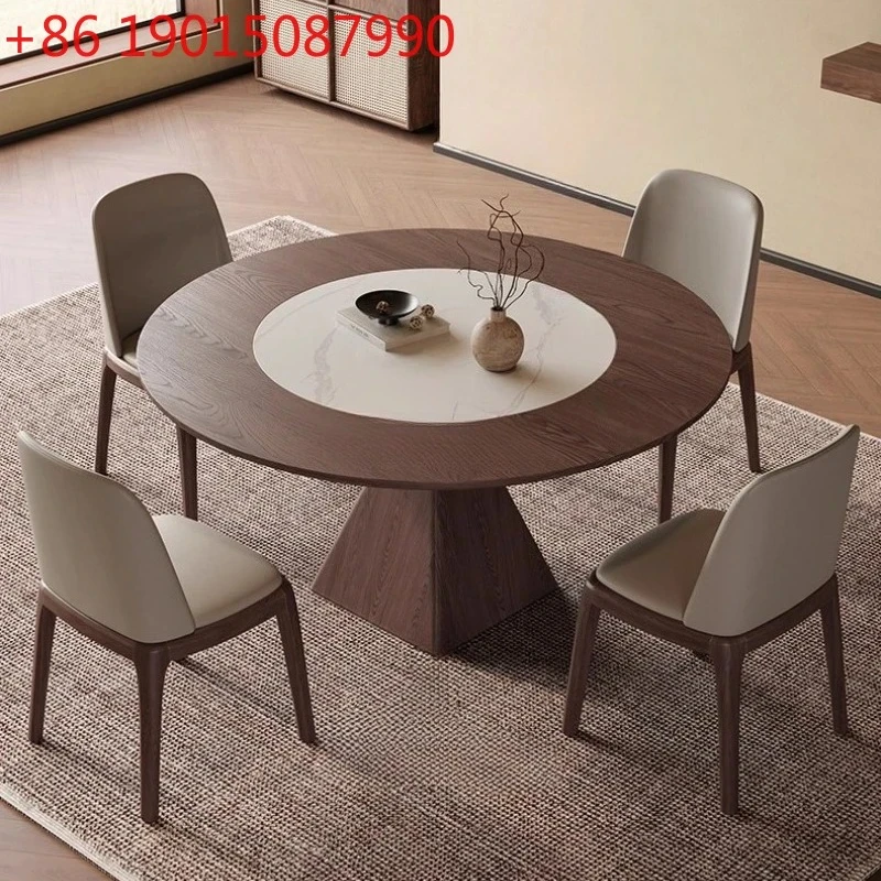 Built-in Rock Plate Turntable Solid Wood Dining Table Black Walnut Color Nordic Large Apartment Dining Table and Chair Set
