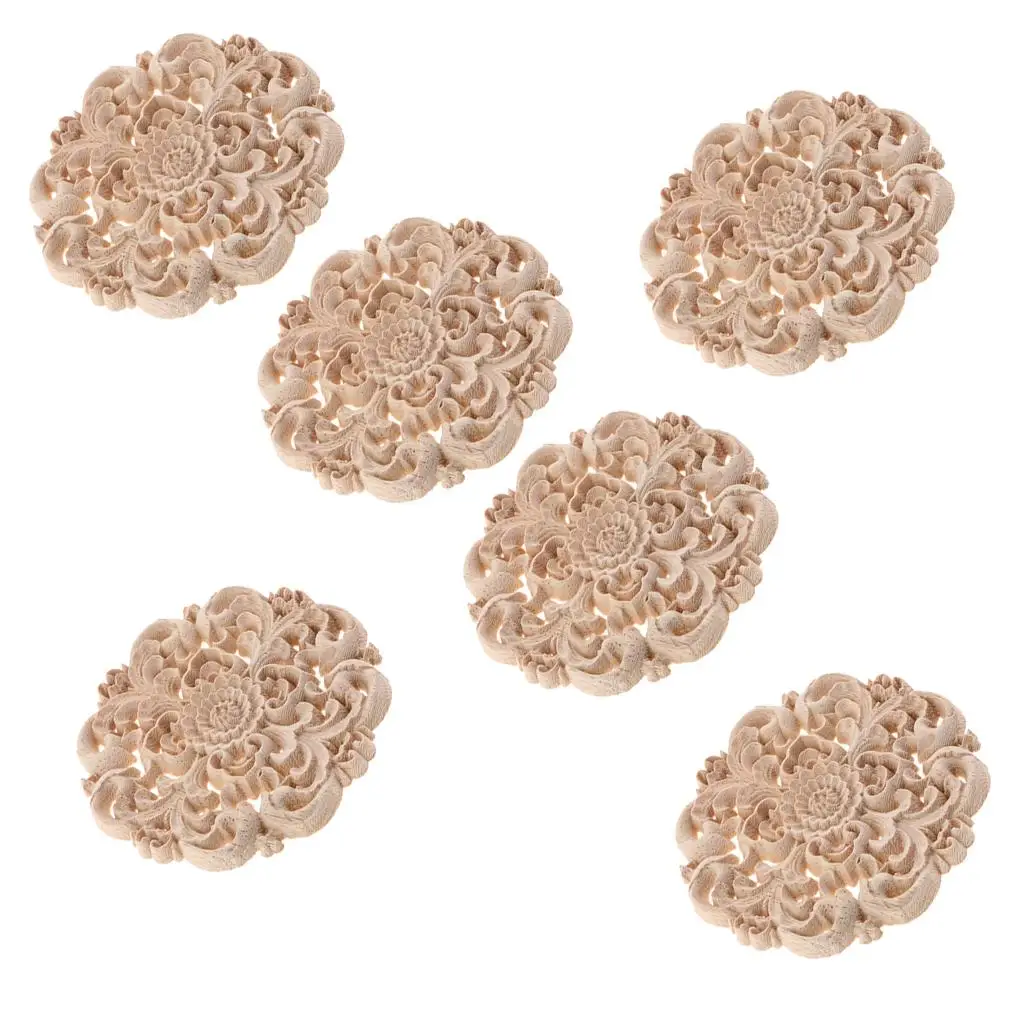 6Pcs Round Wood Carved Flower Appliques Elegant Cabinet Onlay Craft Unpainted for Home Decor