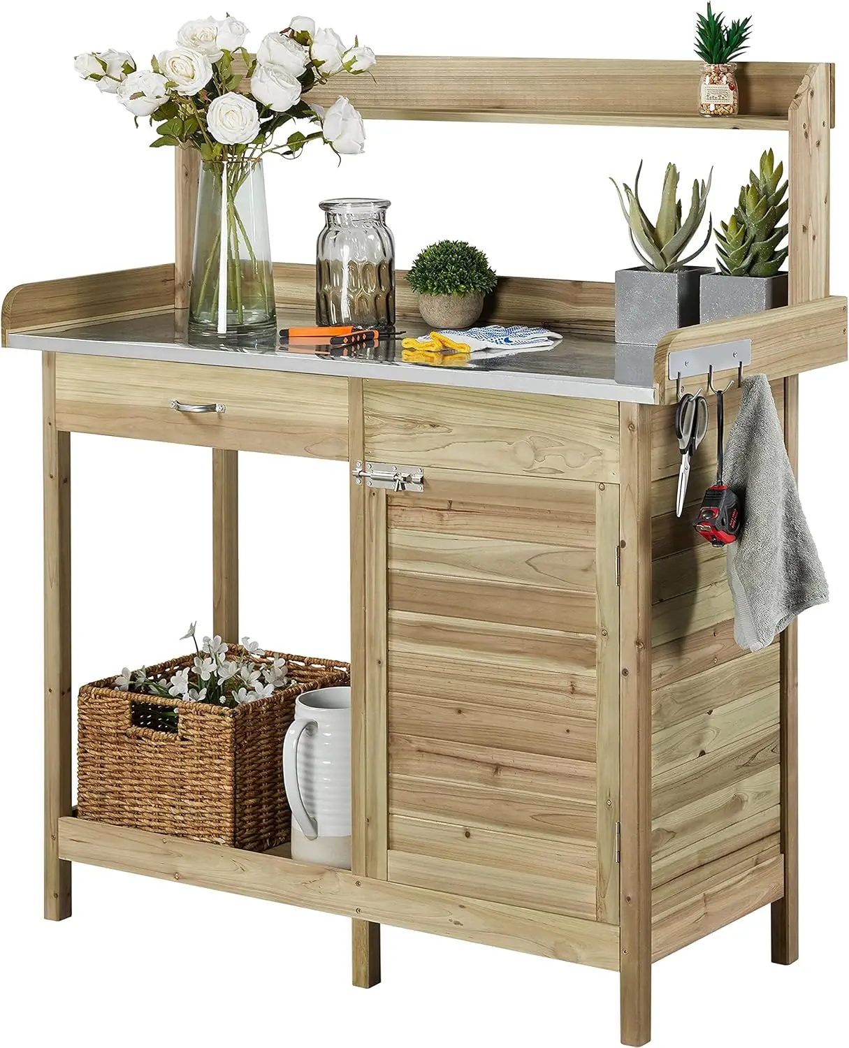 

Outdoor Potting Bench Table, Garden Work Bench w/Metal Tabletop Work Station w/Cabinet Drawer, Open Top&Lower Shelf