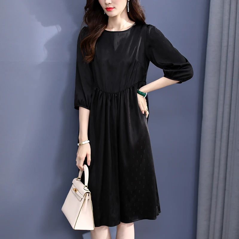 

Heavy-weight Real Silk Dresses For Women 2024 Summer Elegant Three Quarter Sleeve High Waist Casual Women's Black Long Dress