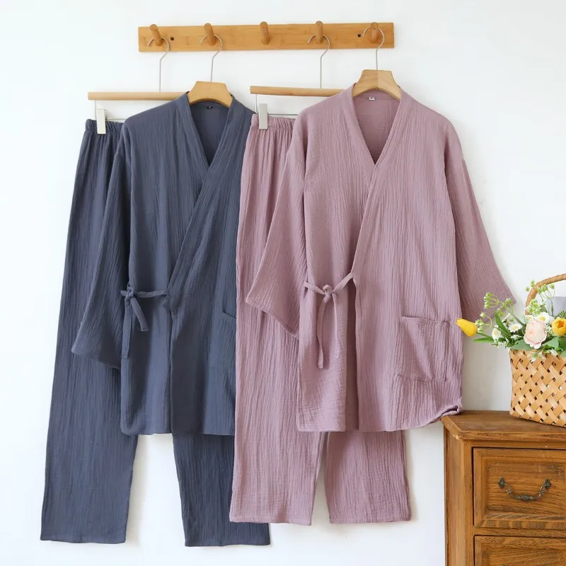 

2025 Japanese Kimono Set 100%Cotton Pajamas Two-piece Couple Yukata Loose Men's And Women's Sweat Steaming Suit Home Service Set