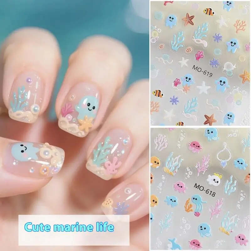 

3D Summer Cartoon Nail Sticker Embossed Starfish Nails Stickers Summer Beach Sea Octopus Coral Nail Decals Decoration