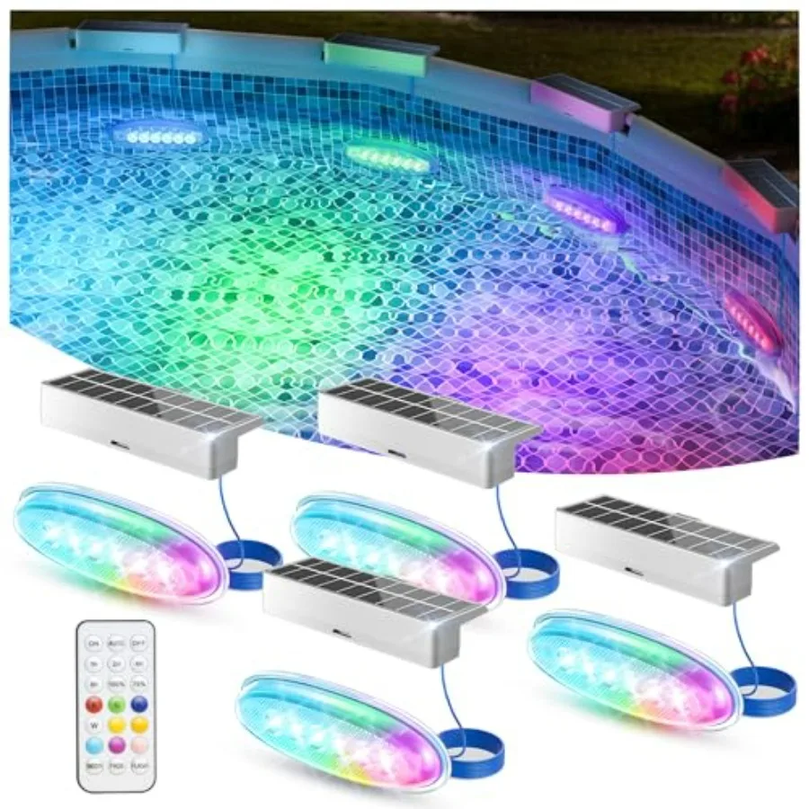 Solar pool lights for above ground and inground pools: IP68 waterproof, 9 RGB color LED, 3.6ft cord, remote control, underwater