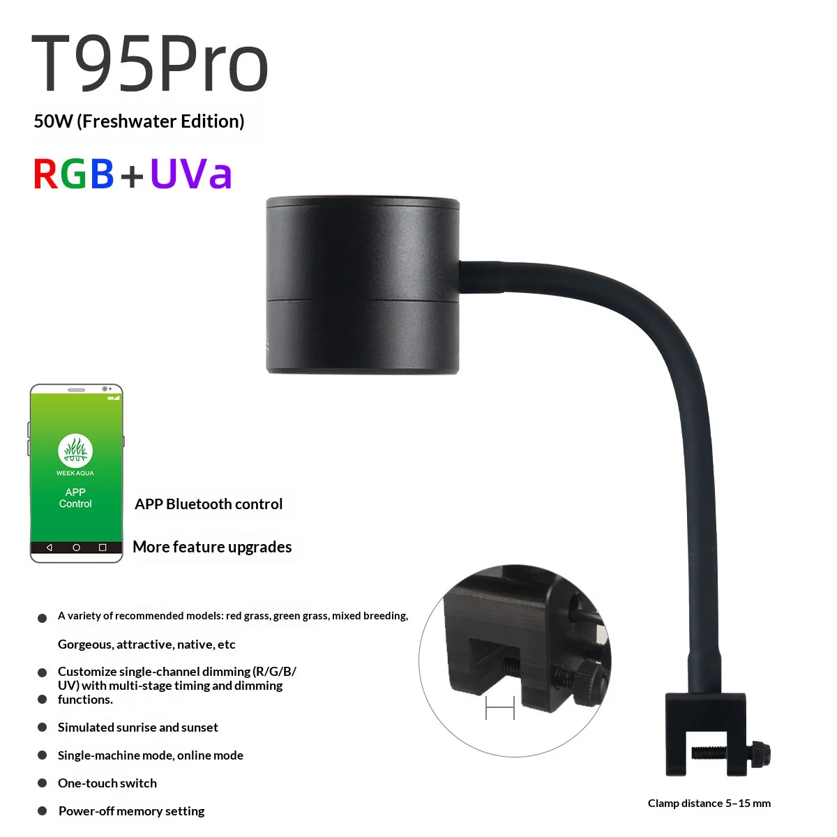 WEEK AQUA Full‑Spectrum RGB+UVA Aquascape Light T95PRO for Planted & Native Stream Tanks, Bluetooth APP Dimming and Timer
