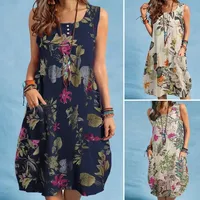 Women's Summer Holiday Beach Sleeveless Printed Cotton Vest Dress round Neck Knee-Length Dress No Sleeve Special Occasion