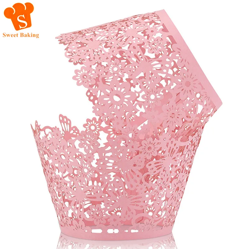 50pcs Laser Cut Paper Hollow Cupcake Wrappers Wedding Birthday Party Cake Decoration Baby Shower Muffin Cupcake Cups Cases