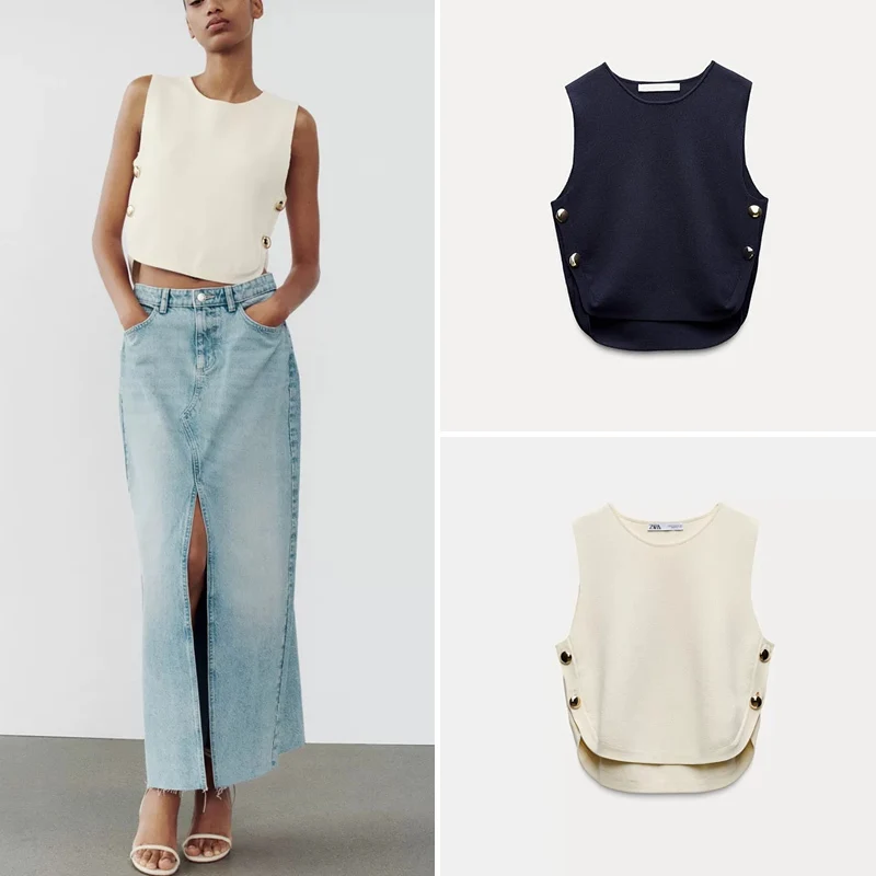 

Women's round Ne Svel Vest Winter Faion Button Side ort Top Flat Needle Workmanip Polyester Fiber 2024 Autumn C...