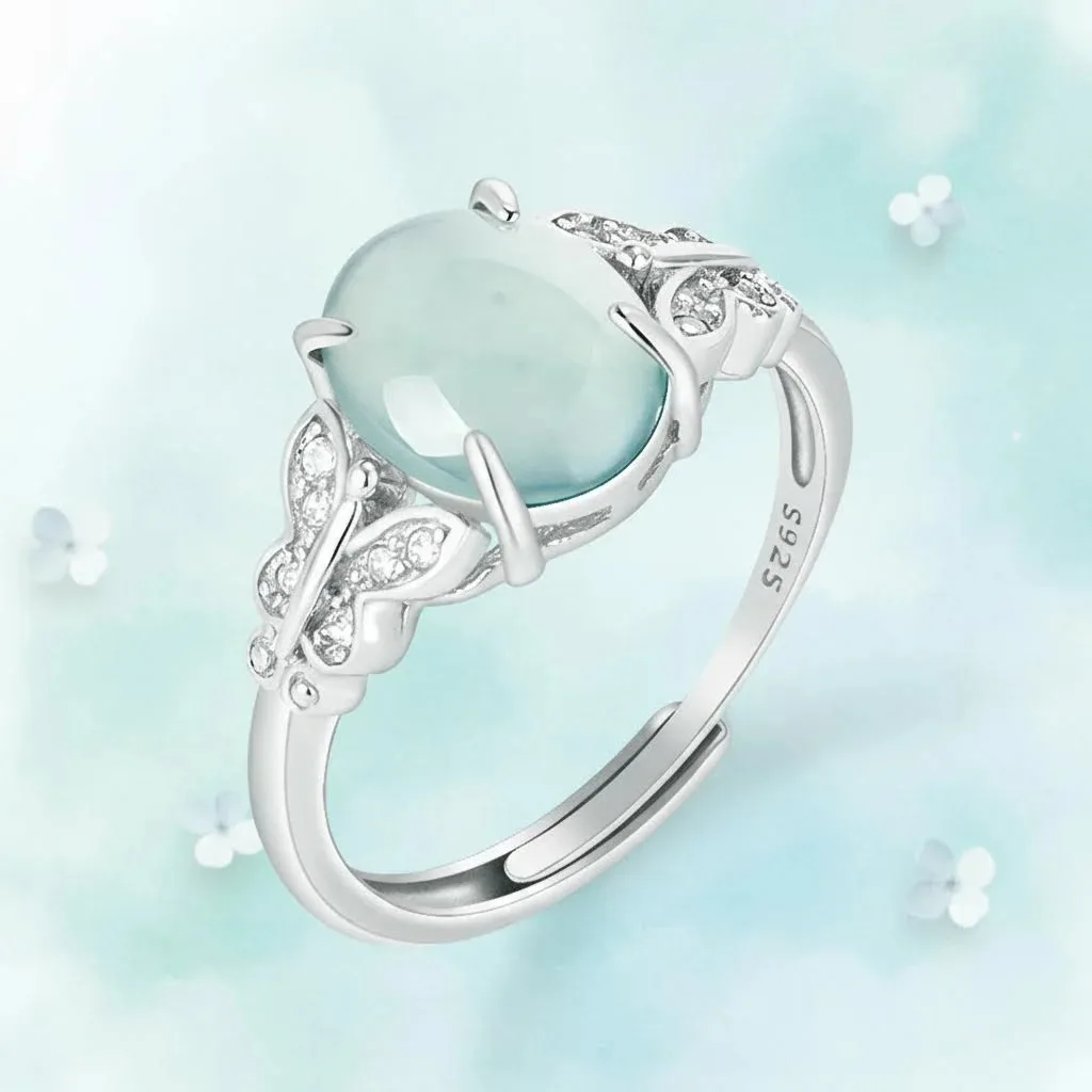 

Natural Jadeite Blue Water Egg Ring S925 Silver Setting Fashion Minimalist Ice Type Adjustable Band Women Gift