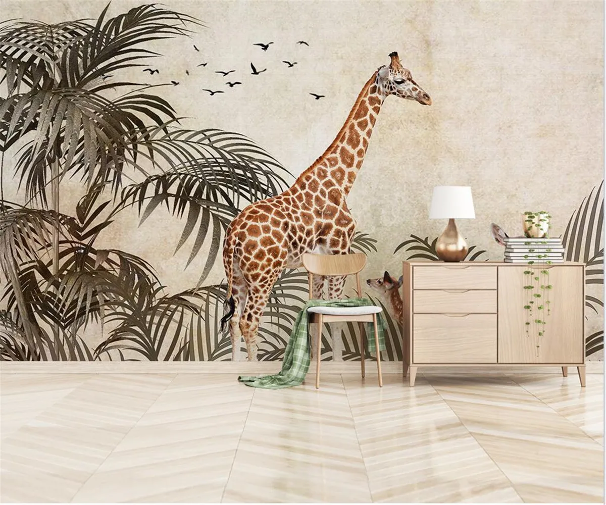 papel de parede Custom modern new bedroom living room decoration painting tropical plant giraffe background wallpaper