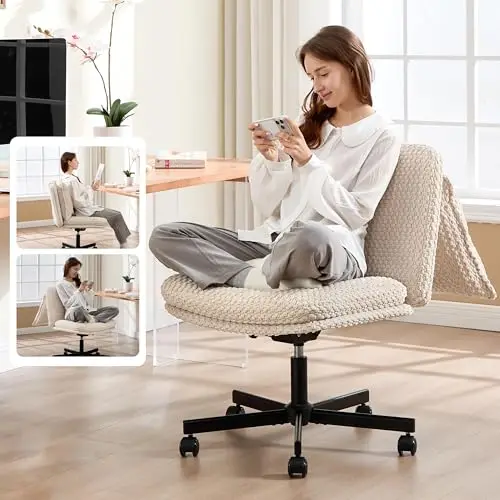 

Beige Armless Swivel Desk Chair With Memory Foam Cushion And Reversible Backrest For Home Office Bedroom