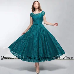 Tea Length Mother of The Bride Dress Short Wedding Guest Gown Cap Sleeve Scoop Neck Lace A Line Evening Party Dresses