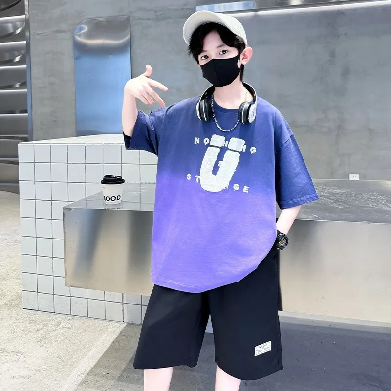 

Teenager Boys Summer Clothes Suit Tween Children's Fashion Patchwork Short Sleeve Shorts Sports Suit Kids Clothing 3-14Y Trend