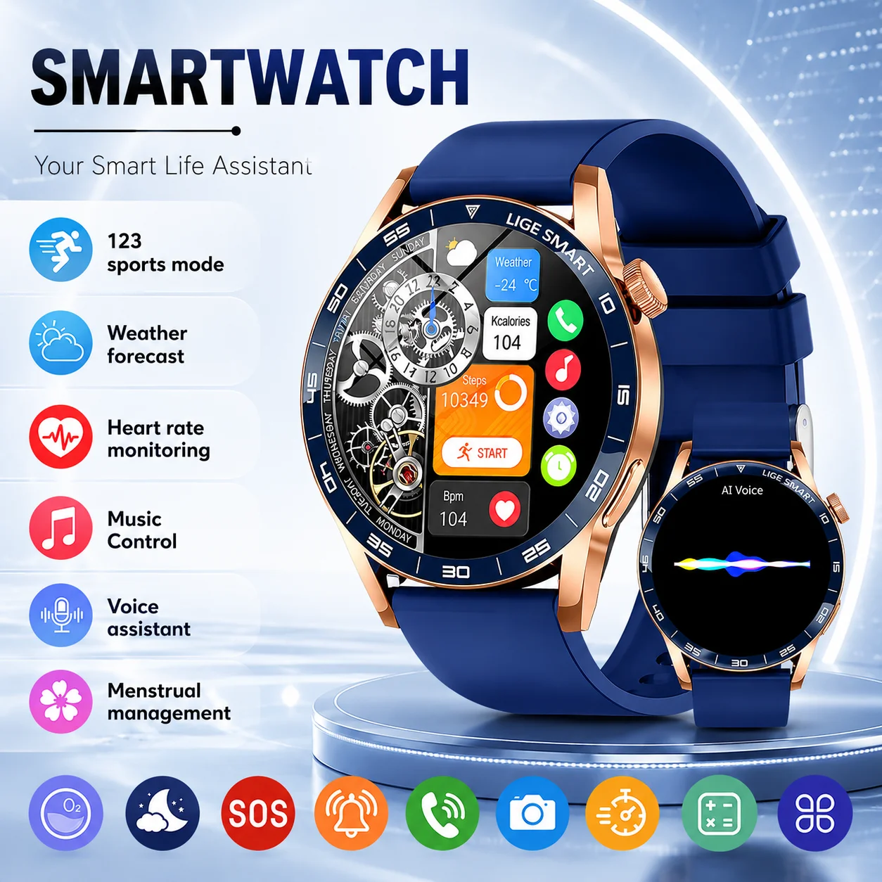 Reloj inteligente LIGE para exteriores, asistente de voz, más funciones, monitor de ritmo cardíaco deportivo, pantalla HD de 1,38 pulgadas, reloj inteligente militar para hombres, 2026