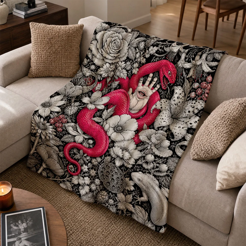 Decorative Gothic Floral Print Throw Blanket for Couch Sofa Living Room Art Victorian Style Plush Snake Pattern Home Decor Luxur