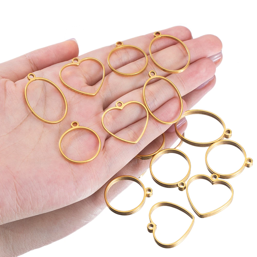 5pcs Hollow Geometric Stainless Steel Heart Oval Round Frame Blank Bezel DIY Earrings Pendant Base Charm Necklace Jewelry Making