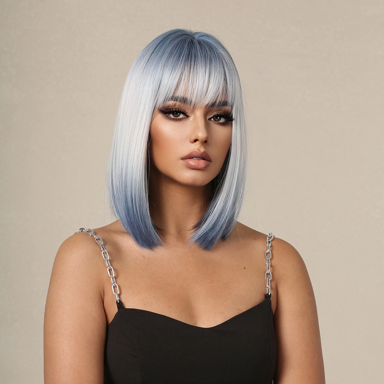 Short BOB Wigs with Bangs Ombre Blue Gray Wigs Straight Synthetic Wigs for Women Cosplay Party Daily