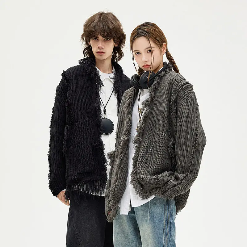 China-Chic Vintage Tassel Coarse Sweater Coat Men's and Women's Autumn and Winter New Loose Couple Knitted Cardigan