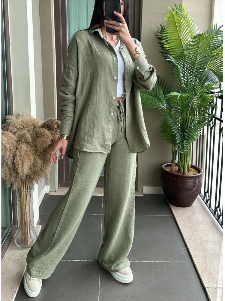 Conjunto informal liso de 2 piezas para mujer, camisa con botones de manga larga a la moda + pantalones de pierna ancha de cintura alta, trajes, ropa de oficina nueva