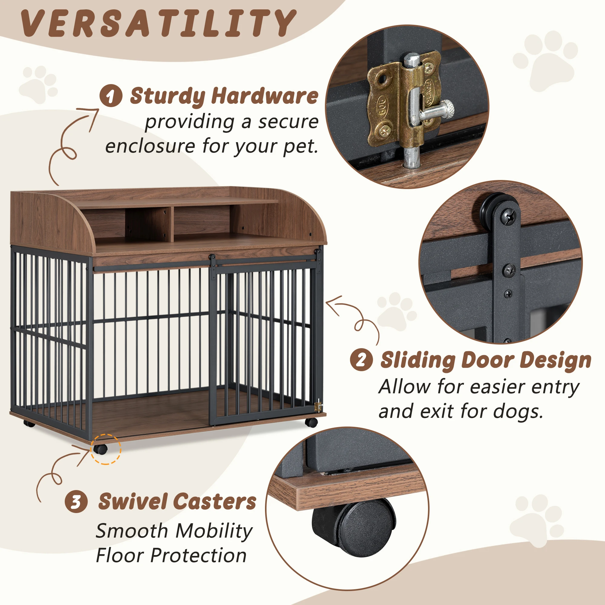 Large Dog Crate Furniture End Table Heavy Duty Wooden Kennel with Double Storage Lockable Wheels