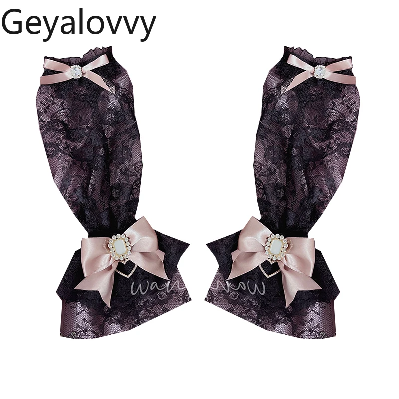 الأصلي الإنتاج الضخم لوليتا Bowknot حجر الراين الدانتيل أكمام أذرع تبريد الحلو لطيف الفتيات تنوعا حماية من الشمس قفازات طويلة الأكمام