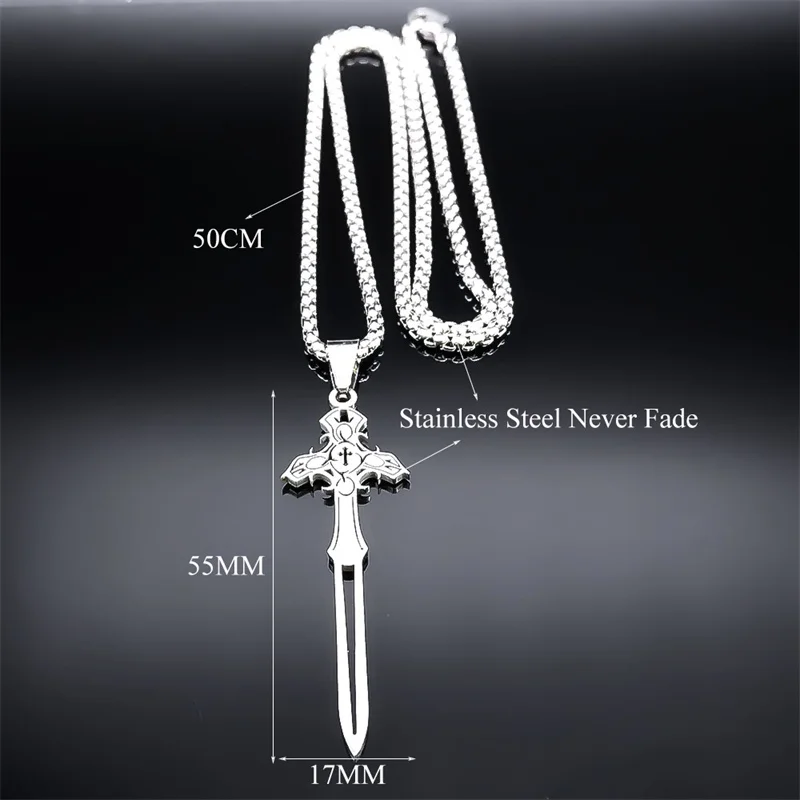 Cross Sword Pendant Necklaces for Men Women Stainless Steel Silver Color Gothic Necklace Jewelry collier acier inoxydable femme