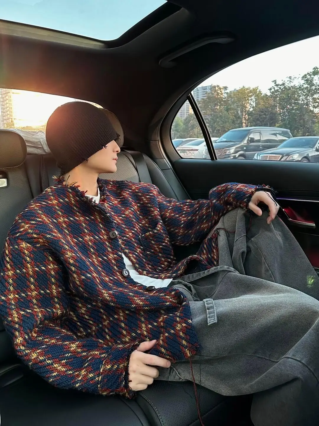 

Retro American k Blue Heavy Knitting Tweed Jaet Trendy Brand Little Fraance Wind Collarl Tweed Coat Ins Jaet