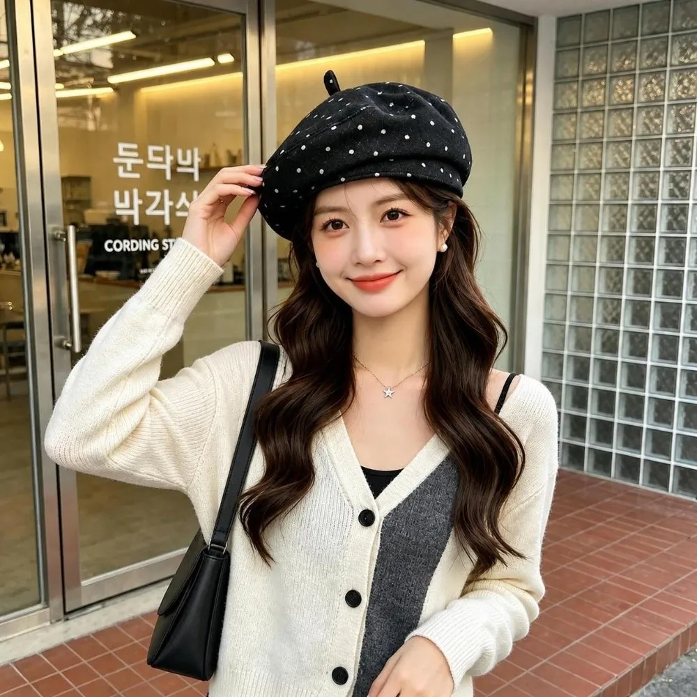 Face Slim Polka Dot Beret Hat Vintage Style Soft Cloud Hat Flexible Painter Cap Daily