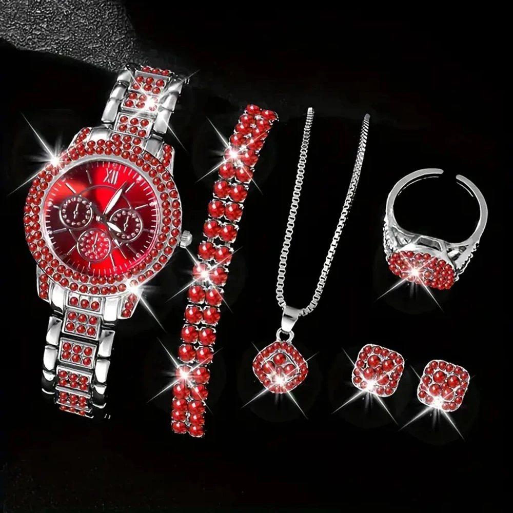

Luxury Watch Women's Ring Necklace Earring Bracelet Set Watch Three Eye Alloy Belt Women's Quartz Watch No Box