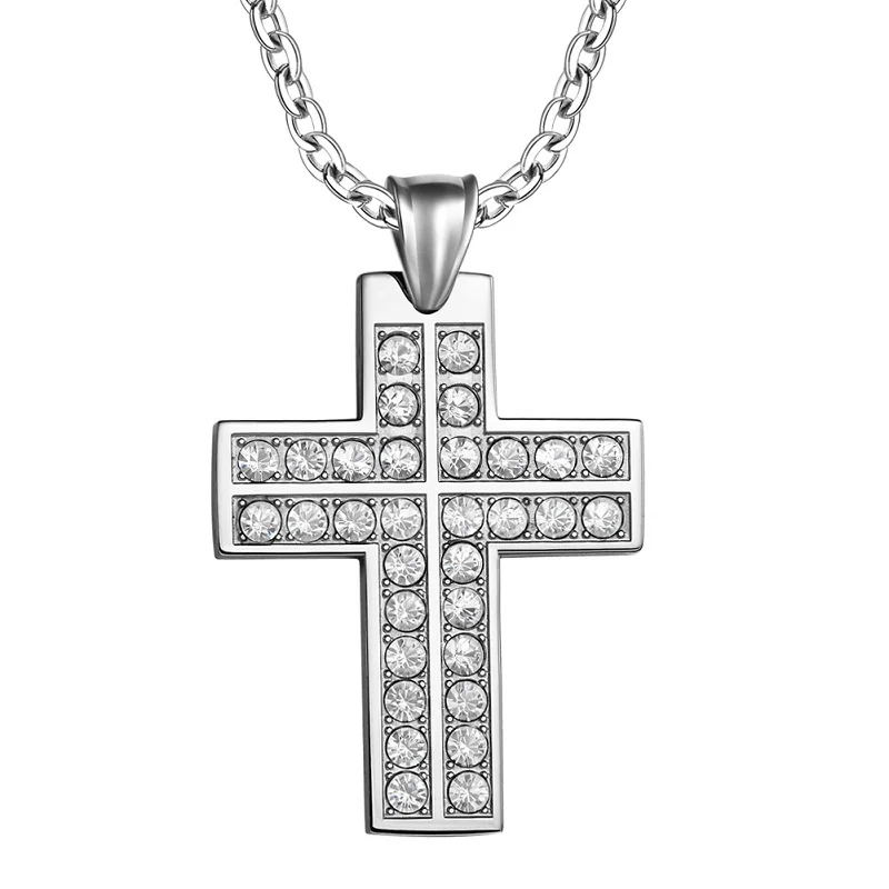 YAFFIL Stainless Steel Encrusted Zircon Pendant Cross Hip Hop Collarbone Necklace For Men And Women