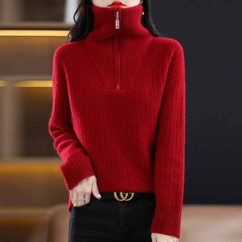 100% Wool Zipper Casual Fashion New Style Women\'s Cashmere Turtleneck Loose Pullover Ladies thickening Sweater Christmas