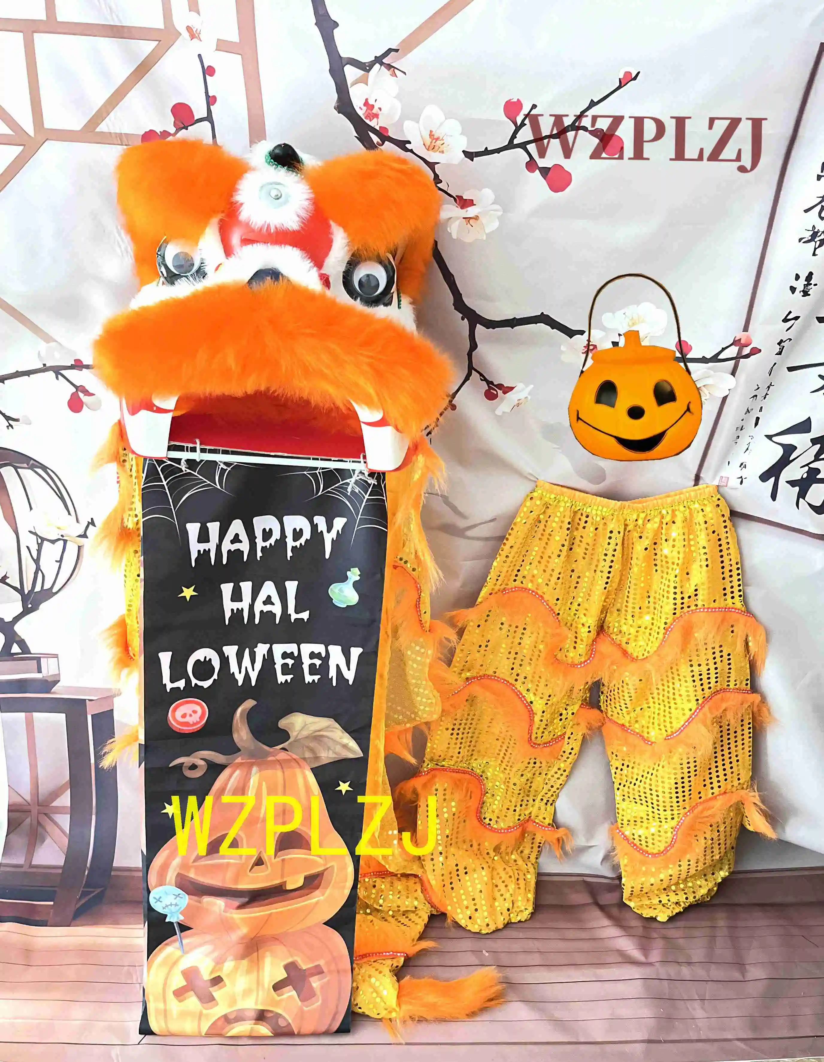 Halloween Party 12 inch Lion Dance Costume pants Pumpkin Candy box Scroll Flag 3-5 Age Child  Performance Sport Outdoor Stage