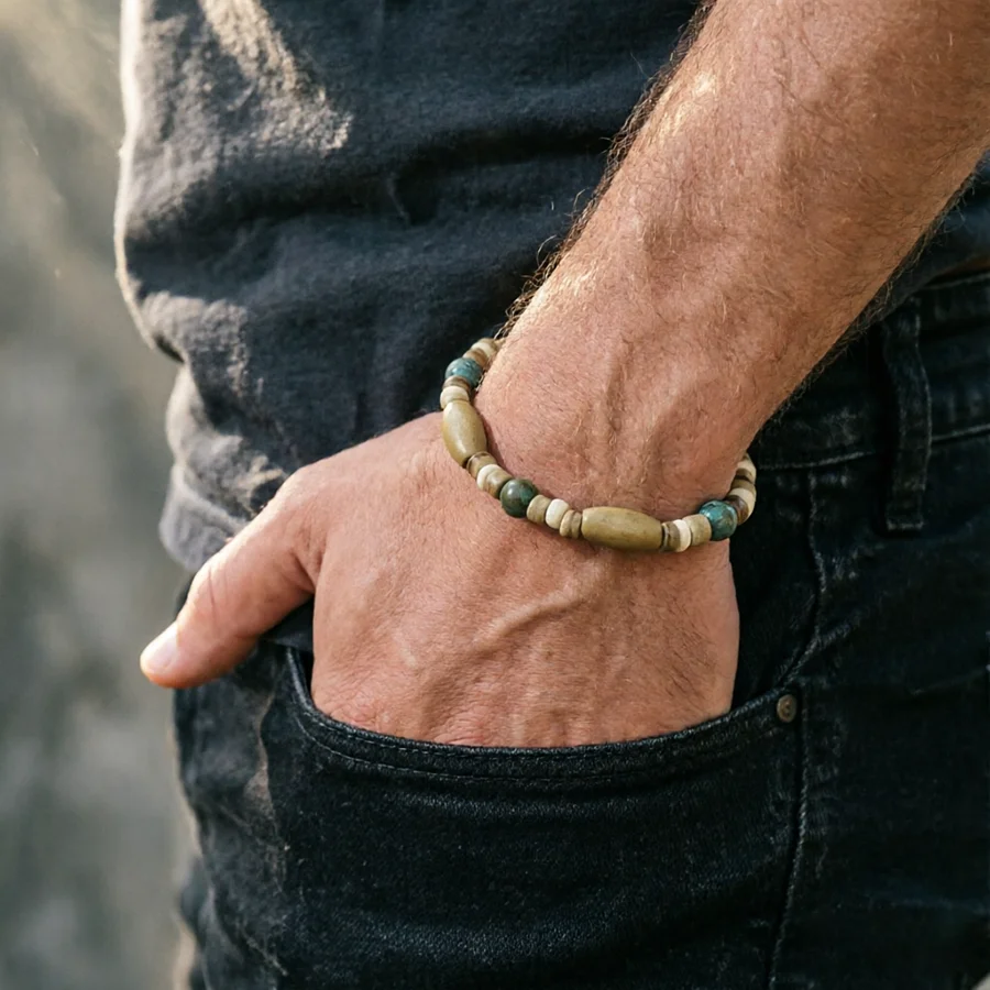Noter Novel Herren Holzarmband Handgefertigt Howlit Tigeraugen Kokosnussperlen Strang-Armband Meditation Yoga Heilung Handgelenk-Accessoire – Detail 3