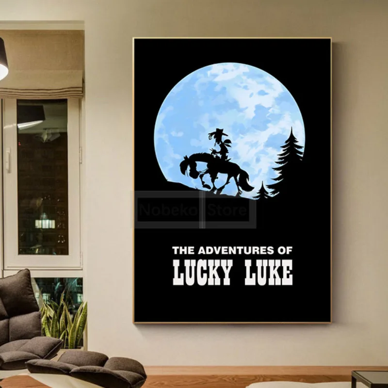 ملصق لوك المحظوظ للرسوم المتحركة الفرنسية ، كاريكاتورية ، مطبوعات رعاة البقر المضحكة ، لوحة قماشية ، صور فنية جدارية ، ديكور لغرف المنزل