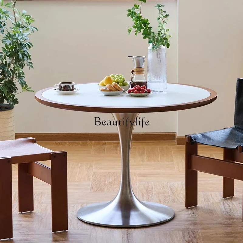 

yj9Nordic retro solid wood small round table medium and ancient style designer small apartment stainless steel rock slab