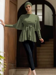 3pcs New Burkini Femmes Muslim Modest Swimwear Long Sleeved with Army Green with Lace Bow Swimsuits Arabic Swimwear UV50+