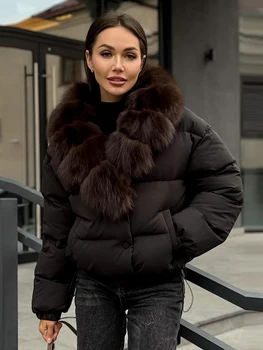 Fashion Solid Women's Puffer Jacket Faux Fur Collar Splice Long Sleeves Short Loose Coat Chic 2026 Autumn Winter New Daily Wear 5