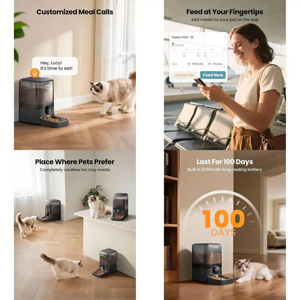 

Automatic Cordless WiFi Pet Feeder, Rechargeable, 100-Day Battery Life, 20 Cups/5L, Timed Dispenser for Large Kibble Cats, Smart