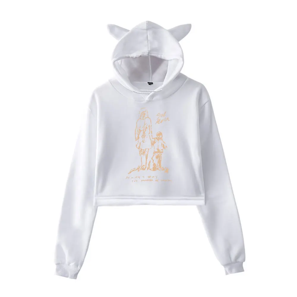 Eladio Carrion Sol Maria Mama's Boy Cat Ear Hoodie Women Long Sleeve Cropped Sweatshirts Female Casual Streetwear Crop Tops